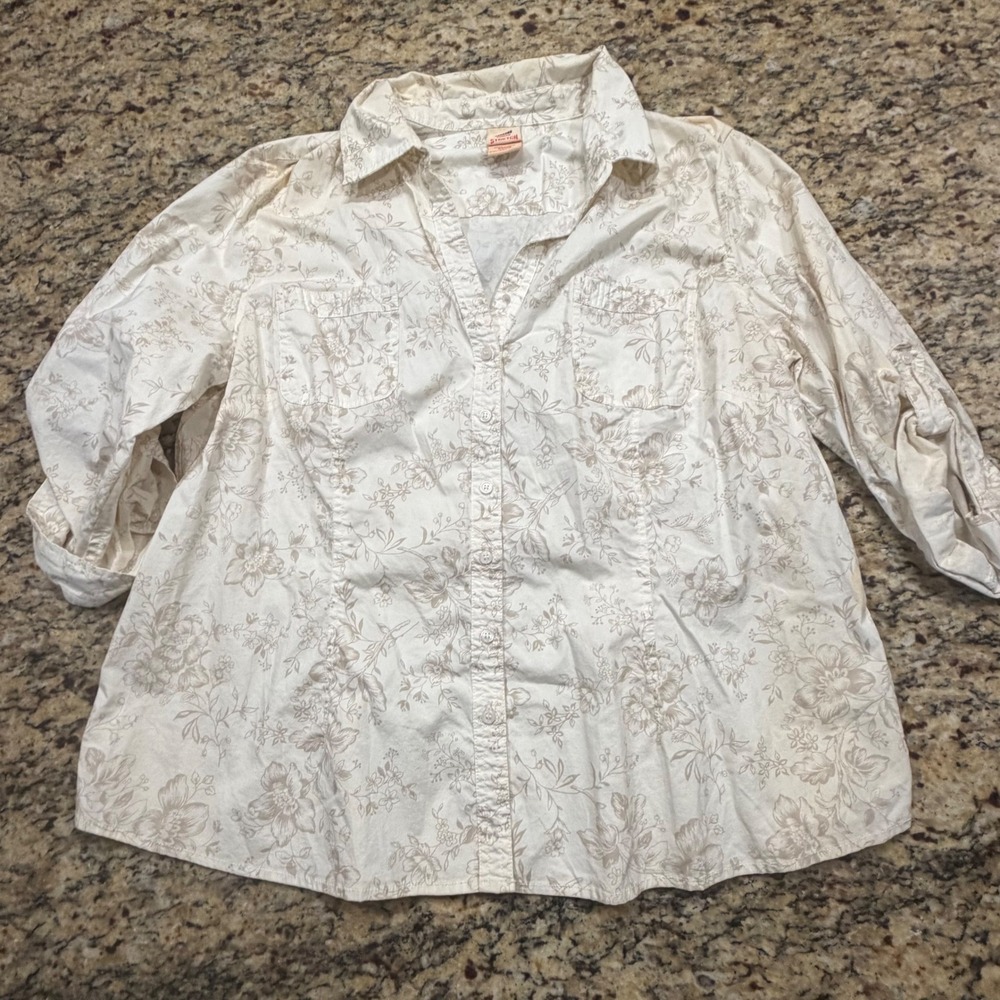 Vintage Faded Glory Womens 2X Floral Button Down Shirt Cream Tan Roll Tab Sleeve